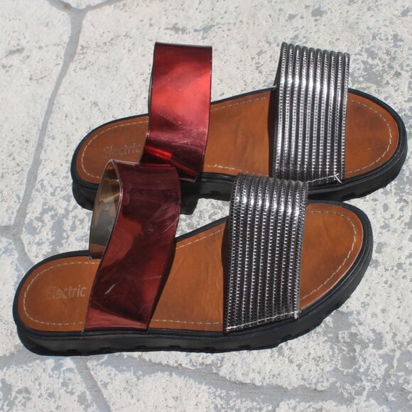 Electric Karma Red & Silver Sandals Woman Size 8 Glitter Shiny Slip On Metallic - Picture 3 of 10